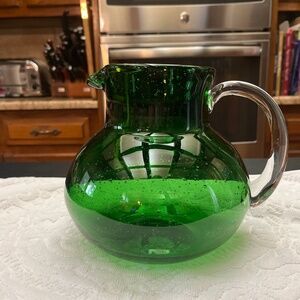 Vintage Emerald Green, Hand Blown Glass Pitcher.  1972.